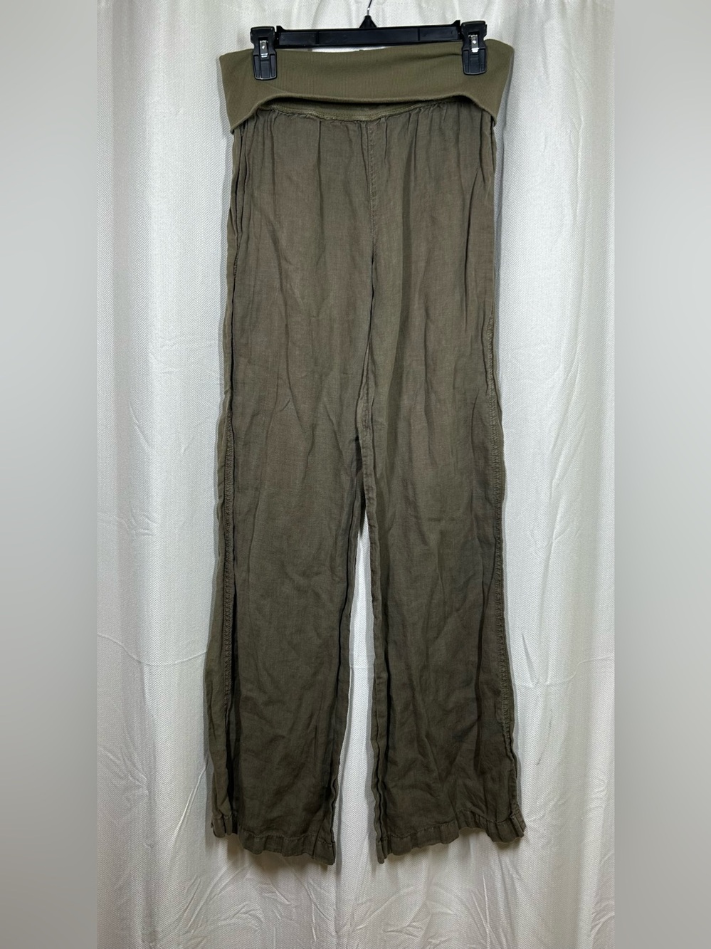 Bella Dahl Olive Green 100% Linen Pants Fold Over Waist Size Small